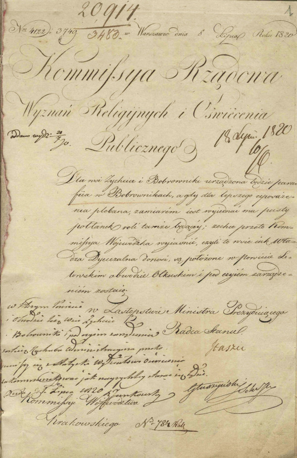  Decyzja o utworzeniu parafii Bobrowniki, podpisana przez Radcę Stanu Stanisława Staszica. Kopia dokumentu ze zbiorów AP Kielce. 